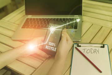Word writing text 100 Percent Recycle. Business photo showcasing contains 100 percent postconsumer recovered material