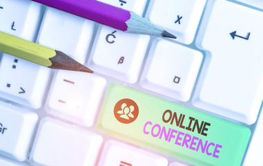 Text sign showing Online Conference. Business photo text online service by which you can hold live...