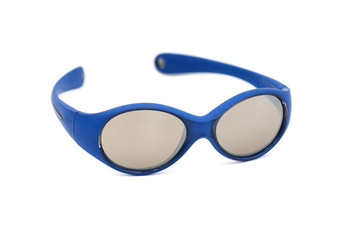 Kids blue sunglasses for babies with polarized lenses, isolated on a white background.