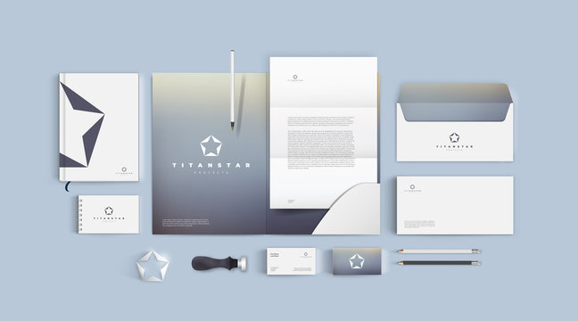 Grey titanium star corporate design. Pentagram logo in silver color. Premium branding identity set for business strong company. Folder with letterhead and business card on light background. - Powered by Adobe