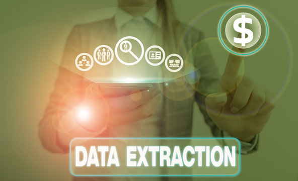 Writing note showing Data Extraction. Business concept for act or process of retrieving data out of data sources