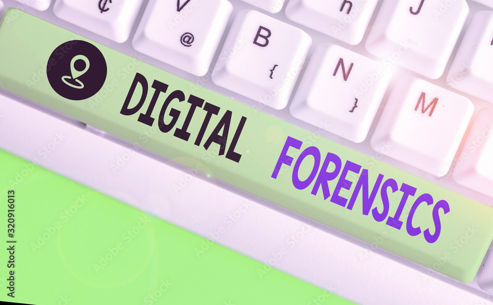 Poster word writing text digital forensics. business photo showcasing investigation of material found in di