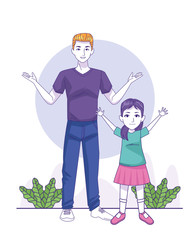 cartoon man and little girl with arms open, colorful design
