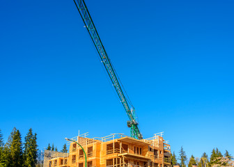 Your dream home. New residential construction house framing and green crane.