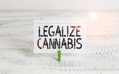 Writing note showing Legalize Cannabis. Business concept for law which legalized recreational cannabis use nationwide Green clothespin white wood background reminder office supply
