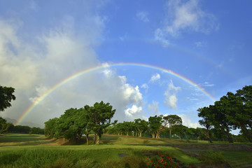 Fototapeta na wymiar Scenic shot of the golf course with the rainbow across the sky
