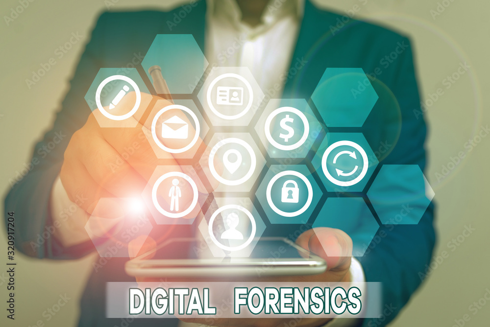 Poster conceptual hand writing showing digital forensics. concept meaning investigation of material found i