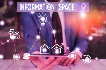 Conceptual hand writing showing Information Space. Concept meaning place especially a website where...
