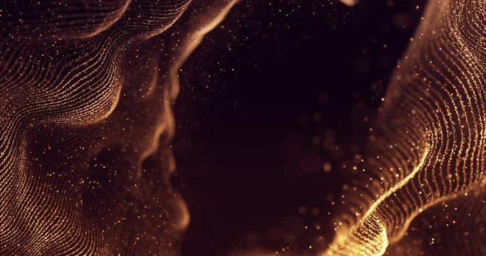 abstract 3d rendering technology plexus gold dynamic digital surface on black background,  geometrical shape with gold lines particles futuristic