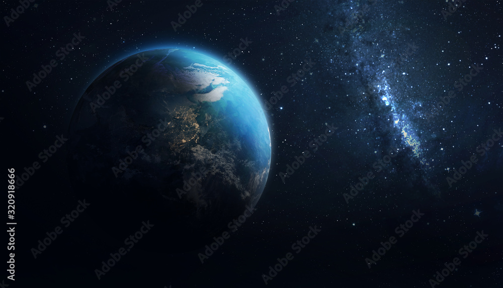 Poster planet earth globe in the space, blue ocean and continents. elements of this image furnished by nasa