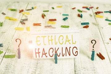 Word writing text Ethical Hacking. Business photo showcasing act of locating weaknesses and vulnerabilities of computer Scribbled and crumbling sheet with paper clips placed on the wooden table