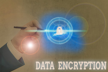 Conceptual hand writing showing Data Encryption. Concept meaning Conversion of data into code for...