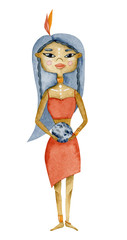 Watercolor tribal girl with a magic ball, ornaments and feathers in her head on a white background.