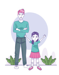 cartoon man with little girl standing, colorful design