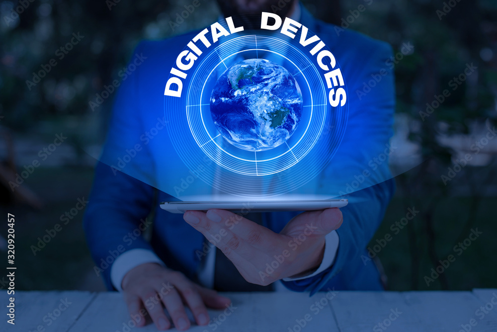 Poster writing note showing digital devices. business concept for physical unit of equipment that contains 
