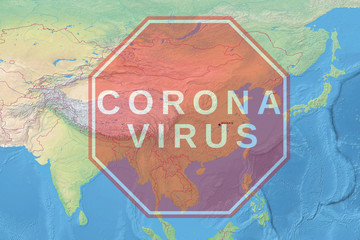 Sign caution coronavirus- Physical map of China with Wuhan city in Hubri province with stop symbol of corona virus. Pandemic medical concept
