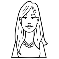 monochrome cartoon illustration of a long haired woman looking friendly. avatar, comic, outline, doodle.
