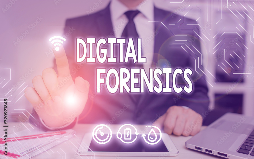 Poster handwriting text digital forensics. conceptual photo investigation of material found in digital devi