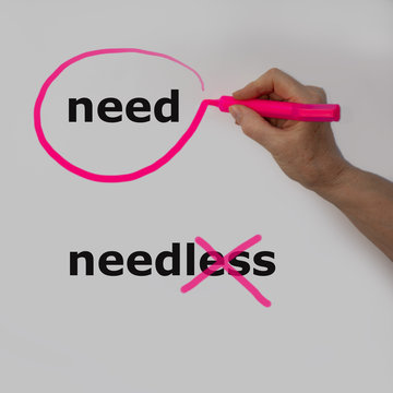 The word need is circled with a pink pencil by a hand with a bubble, the word needless  is crossed out