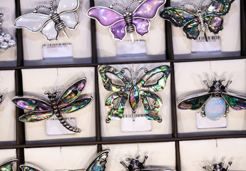 jewelry retail showcase display different insect form brooches