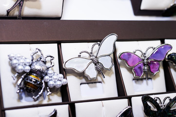 jewelry retail showcase display different bee and butterfly  brooches