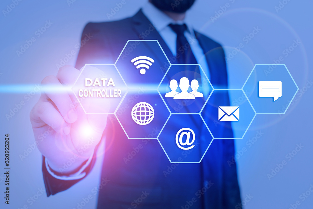 Poster word writing text data controller. business photo showcasing demonstrating who determines the purpos