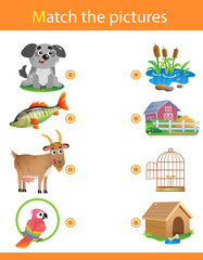 Matching game, education game for children. Puzzle for kids. Match the right object. Cartoon animals with their homes. Dog, fish, goat, parrot.