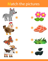 Matching game, education game for children. Puzzle for kids. Match the right object. Cartoon Animals and their Favorite Food. Wolf, chicken, butterfly, goat.