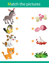 Matching game, education game for children. Puzzle for kids. Match the right object. Cartoon Animals and their Favorite Food. Donkey, bird, dog, cat.