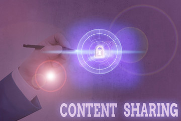 Conceptual hand writing showing Content Sharing. Concept meaning distribution of webpage and blog...