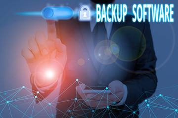 Text sign showing Backup Software. Business photo text create extra exact copies of files or entire...