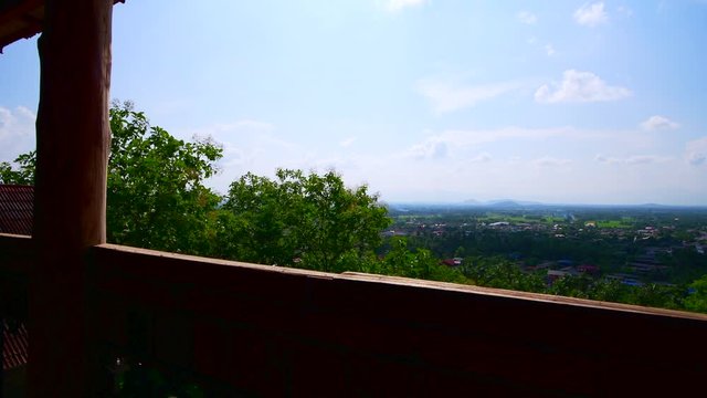 Aerial view of Ban Tham subdistrict from Wat Phrathat Chom Sin viewpoint, Phayao province.