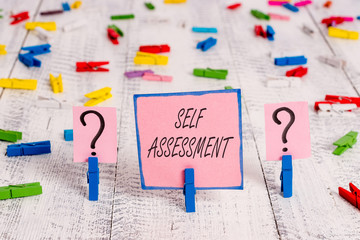 Text sign showing Self Assessment. Business photo text evaluation of oneself or one actions and...