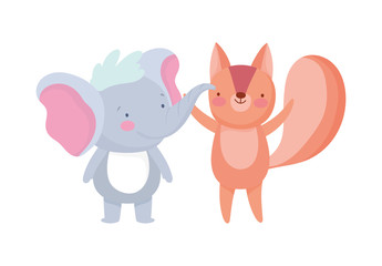 little elephant and squirrel cartoon character on white background