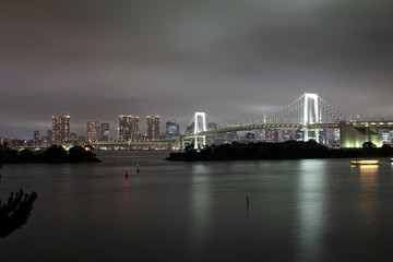 Tokyo, Japan - July 30, 2019: Tokyo seen from the artificial island of Odaiba in Tokyo Bay, linked by the Rainbow Bridge