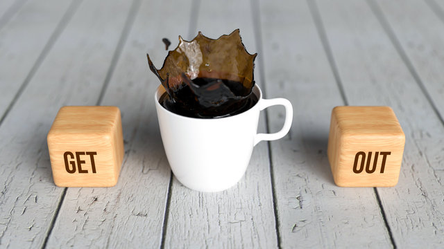 cup of coffee and cubes with text GET OUT on wooden background