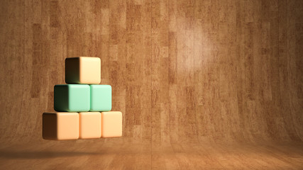 empty cubes for own text showing a hierarchy on wooden background