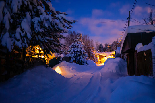 snow night landscape in Russia village