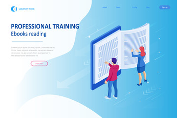 Isometric concept for Digital Reading, E-classroom Textbook, Modern Education, E-learning, Online Training and Course, Audio Tutorial, Distance Education, Ebook and Students