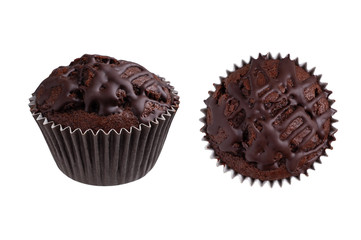  delicious dessert chocolate muffin cupcake side view and top view. isolated on white background