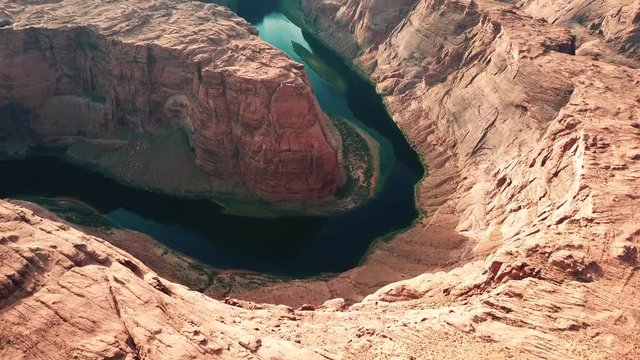 Birds Eye Aerial View of Horseshoe Bend, Natural Wonder in Colorado River Canyon, Arizona USA