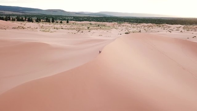 Aerial View of People Hiking on Sandy Hill in Coran Pink Sand Dunes State Park, Utah USA