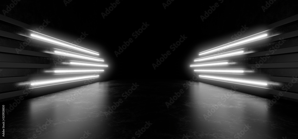 Fototapete beautiful composition of white neon lights on a black background. 3d rendering image.