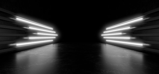 Beautiful composition of white neon lights on a black background. 3d rendering image. - obrazy, fototapety, plakaty