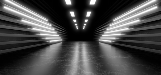 Beautiful composition of white neon lights on a black background. 3d rendering image.