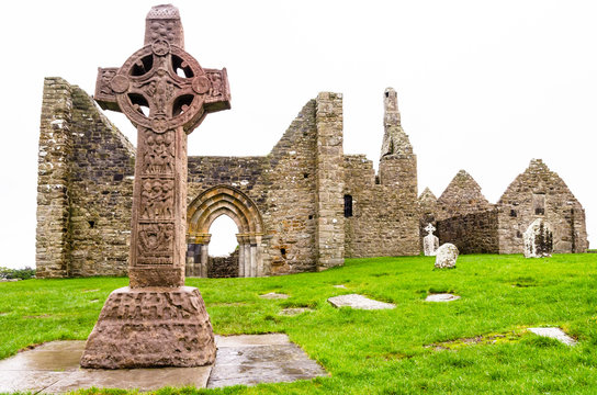 The monastic city of Clonmacnoise with the typical crosses, Ireland