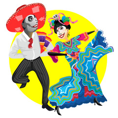 Man and woman dancing, celebrating Day of the dead . Dia de los muertos carnival