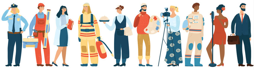People of different professions, cartoon characters vector illustration. Men and women specialists in uniform, professional work career. Police officer, fireman, builder, waiter and artist painter
