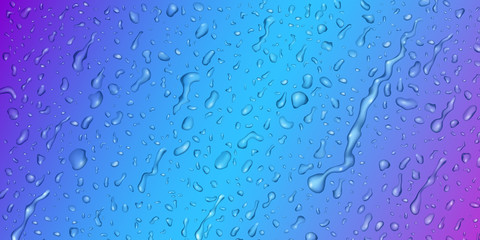 Background with drops and streaks of water in purple and light blue colors, flowing down the surface