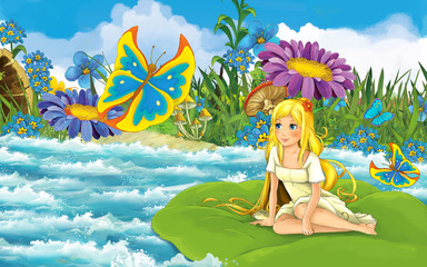 Fototapeta na wymiar cartoon girl in the forest sailing in the river on the leaf with a butterfly illustration